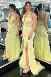 2025 Long Halter Mermaid Lace Yellow Prom Dresses - MyChicDress