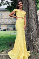 2 Piece Yellow Lace Prom Dress Mermaid Off the Shoulder Formal Dress - MyChicDress