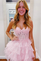 A-Line Corset Pink Homecoming Dress Lace Tulle Ruffles Sweetheart