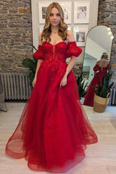 A-Line Long Prom Dress Red Strapless Lace Tulle with Appliques - MyChicDress