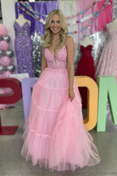 A-Line Pink Lace Prom Dress Tulle Long Spaghetti Straps with Appliques Mychicdress