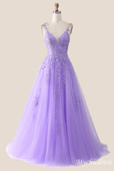A-Line V Neck Formal Wedding Guest Dress Lavender Lace Long - MyChicDress