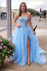 A-Line Light Blue Lace Ruffle Prom Dress Corset Sweetheart Strapless