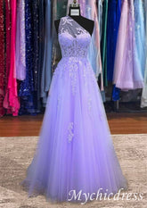 A-line 2025 Lavender Long Prom Dresses One Shoulder Lace Formal Gown - MyChicDress