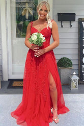 A Line Long Red Lace Graduation Dresses V Neck Split - MyChicDress