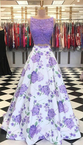 A Line Purple Floral Lace Two Piece Prom Dresses with Bowknot - MyChicDress