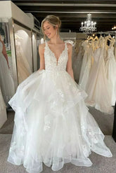 A Line Beach Tiered Ruffles Wedding Dress Lace Appliques V Neck Tulle - MyChicDress