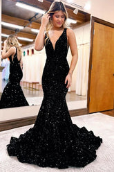 Black 2025 V Neck Prom Dresses Sequins Long UK Evening Dress Mermaid - MyChicDress