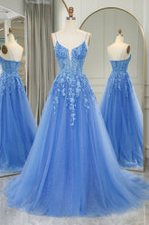 Blue Long Prom Dress Cheap A-Line Formal Dress Tulle With Appliques - MyChicDress