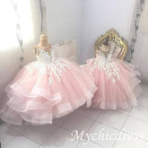 Cheap Ball Gown Pink Flower Gril Dresses White Lace Applique - MyChicDress
