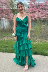 Emerald Green Chiffon Ruffle Prom Dress V-Neck Tiered Guest Dress - MyChicDress