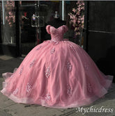 Glitter Ball Gown Vintage Pink Quinceanera Dresses Lace Off the Shoulder with Bow - MyChicDress