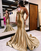 Hot Simple Gold Prom Dresses 2024 Satin Mermaid Formal Dress - MyChicDress