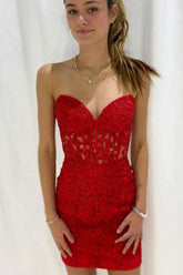 Lace Short 2025 Red Homecoming Dresses Bodycon Appliques Beading - MyChicDress