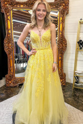 Long 2024 Yellow Floral Prom Dresses A-line Spaghetti Straps - MyChicDress