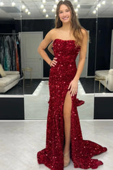 Long Dark Red Sequin 2025 Prom Dresses Strapless Mermaid - MyChicDress