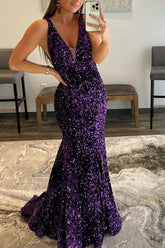 Long Purple Sequins Prom Dress UK Deep V Neck Mermaid - MyChicDress
