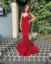 Long Red Prom Dresses Glitter Sequin Mermaid Evening Dress UK - MyChicDress