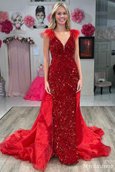 Long red 2024 sequin Mermaid Prom Dresses v-neck with Feathers - MyChicDress