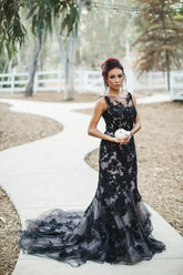 Mermaid Lace Tulle Black Wedding Dress illusion neckline - MyChicDress