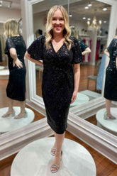 Mid Length Black Sequined Mother of Bride Dress Ruched Party Dress MyChicDress