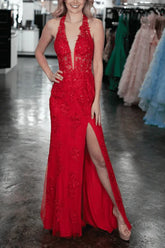 New Halter V-Neck Red Prom Dress Lace Appliques Mermaid with Slit - MyChicDress