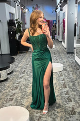 New Long Emerald Green Prom Dresses Lace Satin Mermaid Straps Slit - MyChicDress