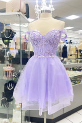 Off the Shoulder Short Lavender Homecoming Dress Lace Appliques