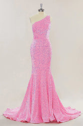 Pink Long Prom Dresses One Shoulder Sequins Formal Gown Mermaid - MyChicDress