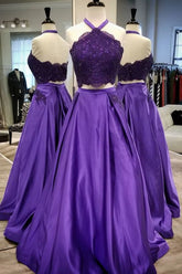 Purple 2 Piece Lace Prom Dress Halter Long Evening Gowns With Pockets - MyChicDress