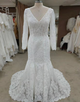 REAL Bohemian Simple Lace Wedding Dress V-Neck Long Sleeve - MyChicDress