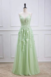 Sage Green Long Prom Dresses Lace Appliques V Neck Lace-Up - MyChicDress