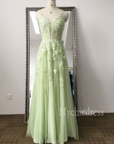 Custom Made Lace Sage Green Long Formal Dresses A Line - MyChicDress