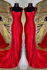 Satin Long Prom Dress Red Mermaid with Flower Straps - MyChicDress