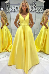 Satin Long 2024 Prom Dress Yellow A Line Formal Dress V Neck With Pocket - MyChicDress
