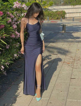 Sexy Halter Navy Blue Wedding Guest Dress Sleeveless With Split - MyChicDress