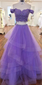 Sexy Violet Purple Prom Dresses two Piece A Line Off the shoulder - MyChicDress