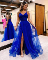 Sheath Tulle Royal BLue 2024 Prom Dresses V Neck - MyChicDress