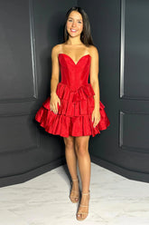 Short Strapless Red Homecoming Dress Tiered Corset