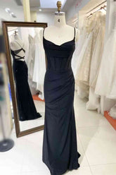 Simple Long Black Satin Prom Dresses Pleated Spaghetti Straps - MyChicDress