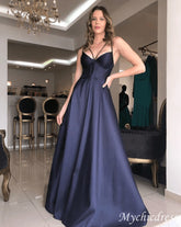 Simple Navy Blue Prom Dresses Satin A Line Evening Dresses Sleeveless - MyChicDress