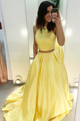 Simple Two Piece Yellow Prom Dresses Satin Long With Pockets - MyChicDress