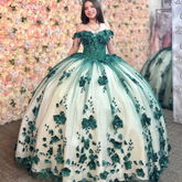 Tulle Appliques Off Shoulder Quince Dress Emerald Green 3D Flowers Beaded - MyChicDress