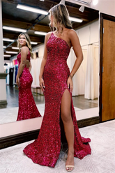 V Neck Long Glitter Prom Dresses Mermaid Evening Dress Sequins Slit - MyChicDress