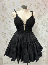 A Line V Neck Homecoming Dresses Black Ruffles Lace Applique