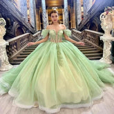 Affordable Sage Green Quinceanera Dress Off Shoulder Beading Floral Appliqué Mychicdress