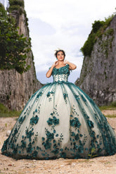 Ball Gown Emerald Green Quince Dresses Off the shoulder with 3D Flowers