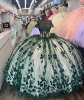Green white floral quinceanera dress