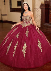 Ball Gown Puffy Red Gold Lace Quinceanera Dresses with Bow Mychicdress