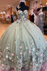 Ball Gown Sage Floral Quinceanera Dress Sweetheart with Pearls Appliques Mychicdress